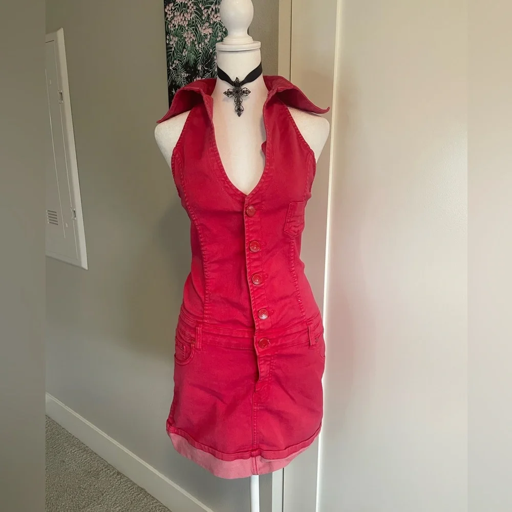 (Sold)pink bebe slee collar sleeveless halter denim dress - Picture 2 of 5